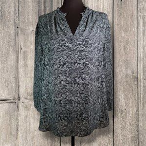 LOFT Dark Blue with Light Green Polka Dots Ruffle V-Neck Hi-Low Hem Top